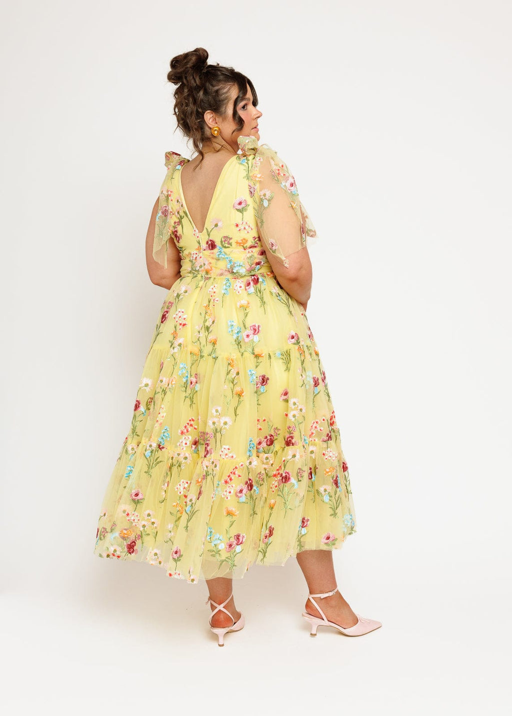 Margaret Floral Embroidered Midi Dress Yellow